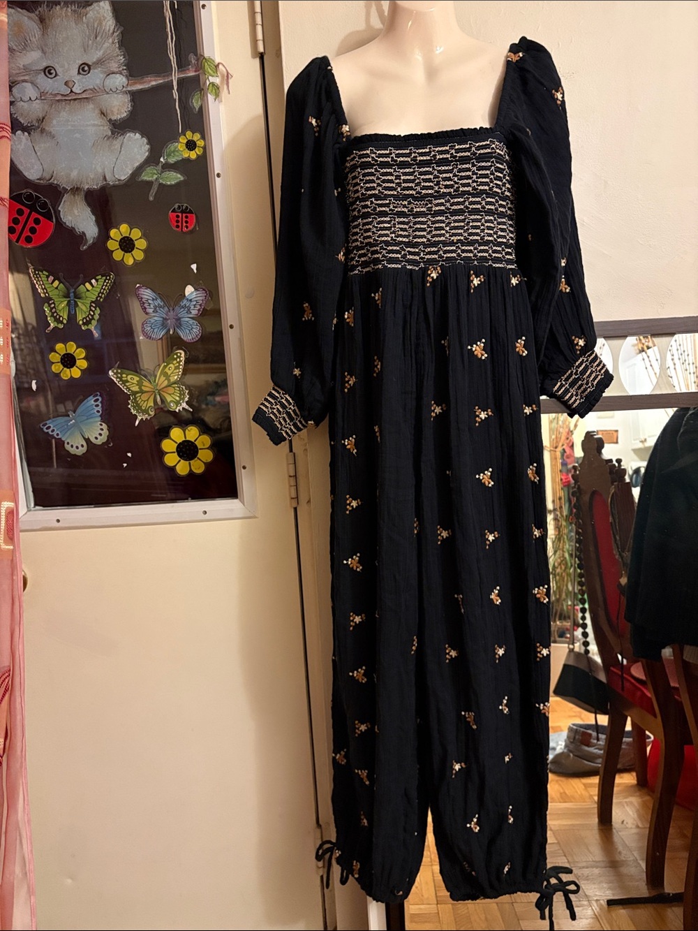 Free People Black Maxi Dress with Gold Floral Accents. Cotton